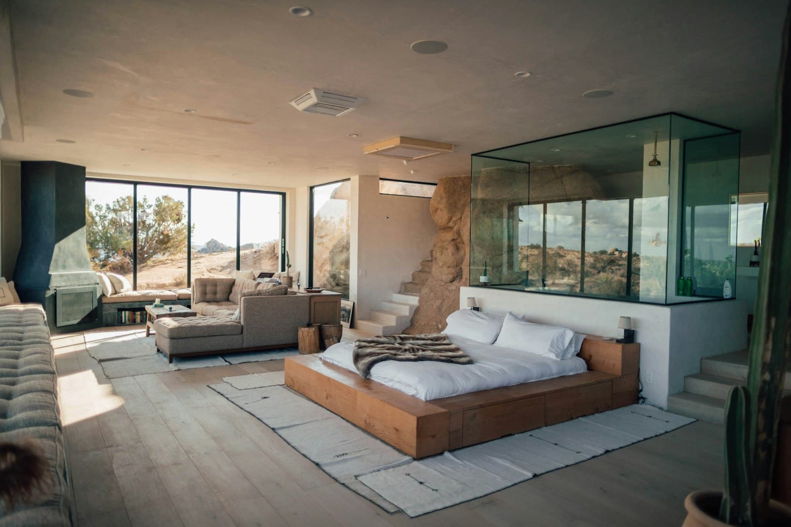 Elegant guest room, warm mineral tones